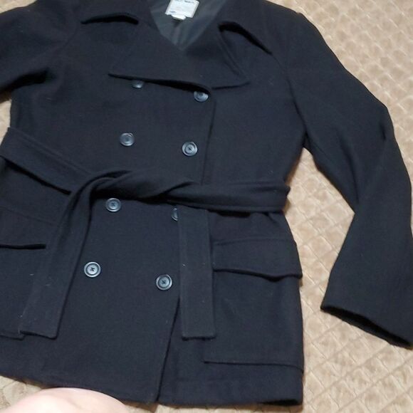 Old Navy Black Wool Blend Double Breasted belted Pea Coat Dress Jacket Size L - Picture 2 of 7